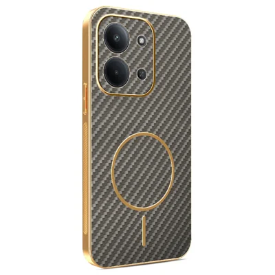 Phone Case For Xiaomi Redmi 15C 4G (EU) (173mm) / 15C 5G (EU) (173mm) / Poco C85 4G (173mm) Carbon Fiber Textured Electroplated TPU Back Cover - Coffee