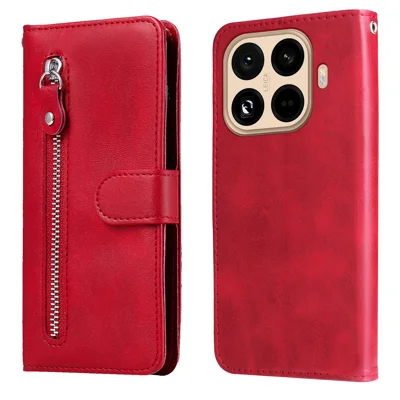 For Xiaomi 15T Pro PU Leather Cases with Zipper Pocket Wallet Phone Cover Stand - Red