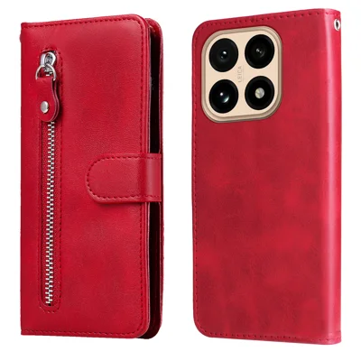 For Xiaomi 15T PU Leather Cases with Zipper Pocket Wallet Phone Cover Stand - Red