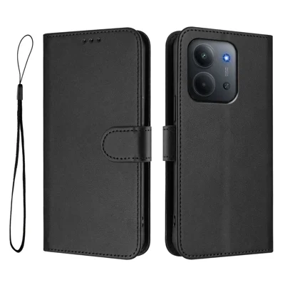 For Xiaomi Redmi 15C 5G (EU) (173mm) / Xiaomi Redmi 15C 4G (EU) (173mm) Wallet Case RFID Blocking Calf Texture Leather Stand Phone Cover with Strap - Black