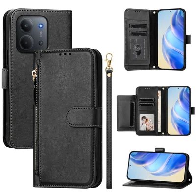 For Xiaomi Redmi 15C 5G (EU) (173mm) / Xiaomi Redmi 15C 4G (EU) (173mm) Case Zipper Pocket Multiple Card Slots Leather Phone Cover - Black