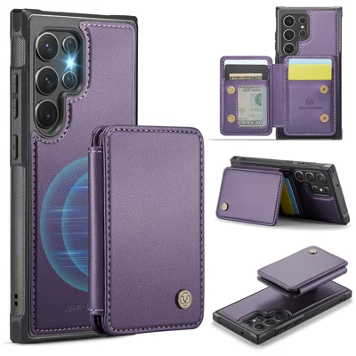 JEEHOOD For Samsung Galaxy S22 Ultra 5G Case  J05 Leather Mobile Cover with Detachable Magnetic Card Bag - Purple