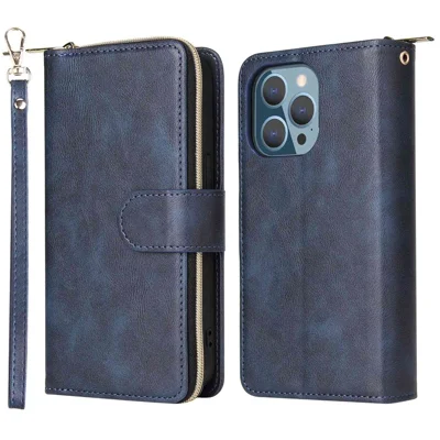 For iPhone 14 Pro Max PU Leather Wallet Phone Case 9 Card Holder Slots Magnetic Closure Zipper Pocket Stand Flip Cover with Strap - Blue