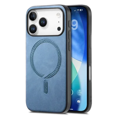 For iPhone 17 Pro Leather Back Case Compatible with MagSafe Skin-touch Phone Cover - Blue