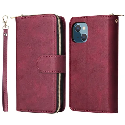 Zipper Pocket Cell Phone Cover For iPhone 13 6.1 inch, Magnetic PU Leather Phone Case 9 Card Holder Slots Flip Stand Wallet with Strap - Wine Red