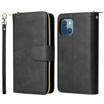Anti-scratch PU Leather Phone Case For iPhone 14 Plus, 9 Card Holder Slots Magnetic Closure Zipper Pocket Flip Wallet Cover Stand with Strap - Black