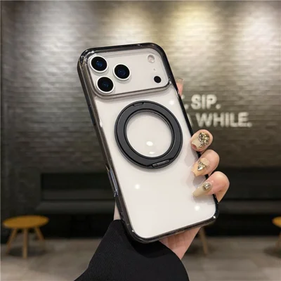 For iPhone 17 Pro Max Case Compatible with MagSafe Rotating Kickstand TPU PC Phone Back Cover - Transparent Black