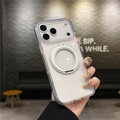 For iPhone 17 Pro Case Compatible with MagSafe Rotating Kickstand TPU PC Phone Back Cover - Transparent