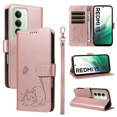 For Xiaomi Redmi 15 4G (EU) (171mm) Case Cat Pattern Imprint Leather Phone Cover with Wrist Strap - Rose Gold