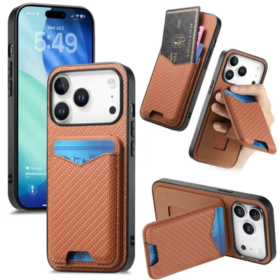 For iPhone 17 Pro Case Card Holder Kickstand Carbon Fiber Texture Back Cover - Brown