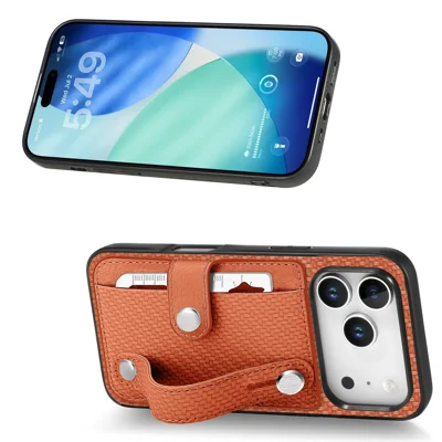 For iPhone 18 Pro / 17 Pro Case Carbon Fiber Texture Leather Phone Back Cover with Card Holder - Brown