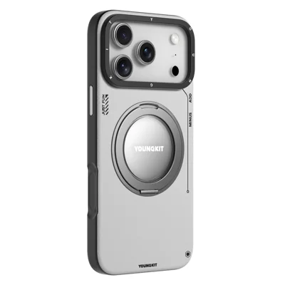 YOUNGKIT For iPhone 17 Pro Max Case Rotating Kickstand Shockproof TPU + PU Leather Phone Back Cover - Grey