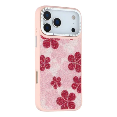 JAUCASE til iPhone 17 Pro Max Magnetisk Cover Glitter Blomsterdesign PU + TPU + PC Bagside - Pink