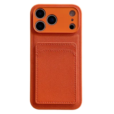 For iPhone 17 Pro Case PU Leather TPU Card Holder Orange Phone Cover - Orange U-shaped Card Holder