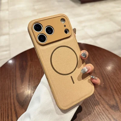 For iPhone 17 Pro Max Case Leather Coated TPU Phone Cover Compatible with MagSafe - Yellow