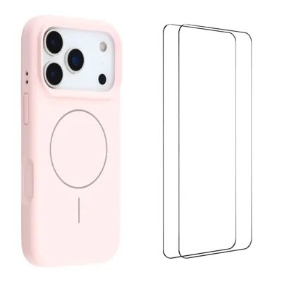 WANLONFENG XQ-serie til iPhone 17 Pro Case kompatibel med MagSafe TPU Liquid Silicone telefondæksel med 2 afhærdede glasfilm - Pink