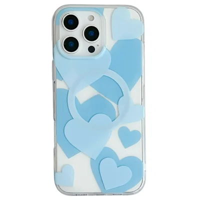 For iPhone 16 Pro Max Case Heart Pattern TPU + PC Protective Phone Cover Compatible with MagSafe - Blue