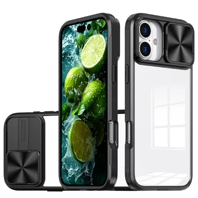 For iPhone 17 Case TPU + PC Clear Phone Cover with CD-Veins Camera Lens Sliding Lid - Black