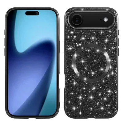 For iPhone Air Magnetic Phone Case Glitter Electroplated TPU Frame PC Back Cover - Black