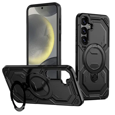 For Samsung Galaxy S24 FE Magnetic Case Ring Kickstand PC + TPU Hybrid Phone Cover - Black