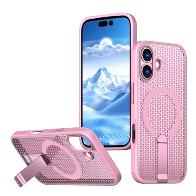 For iPhone 17 Magnetic Case Kickstand Grid Texture TPU PC Phone Back Cover - Pink
