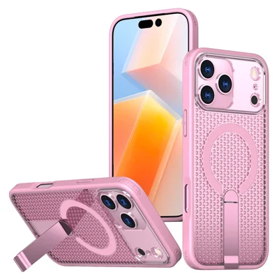 For iPhone 17 Pro Max Magnetisk Case med Støttefod og Grid-tekstur TPU PC Telefon Bagdæksel - Pink