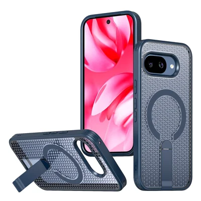 For Google Pixel 9a Magnetic Case Kickstand Grid Texture TPU PC Phone Back Cover - Blue