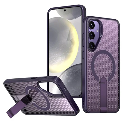 For Samsung Galaxy S25 Magnetic Case Kickstand Grid Texture TPU PC Phone Back Cover - Purple
