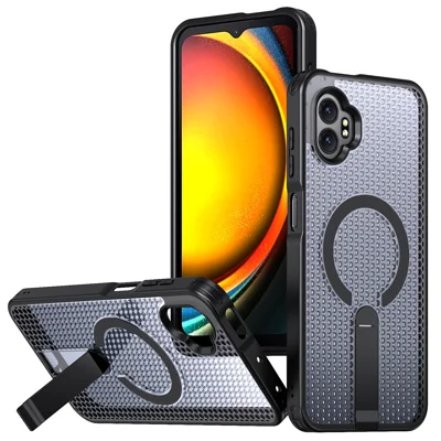 For Samsung Galaxy XCover7 Pro Magnetic Case Kickstand Grid Texture TPU PC Phone Back Cover - Black