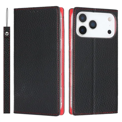 For iPhone 18 Pro / 17 Pro Wallet Case Genuine Cow Leather Phone Cover Litchi Texture - Black