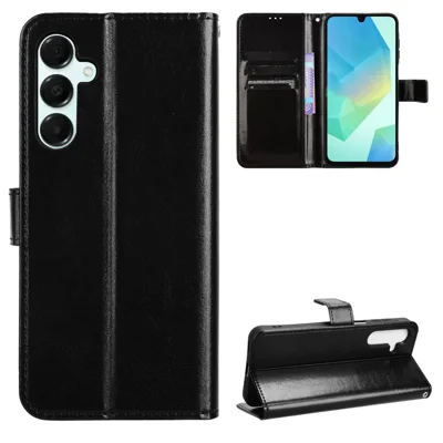 For Samsung Galaxy A18 5G / A18 4G / A17 5G / A17 4G / A26 5G / A16 5G / A16 4G PU Leather Case with Strap Crazy Horse Texture Phone Wallet Cover - Black