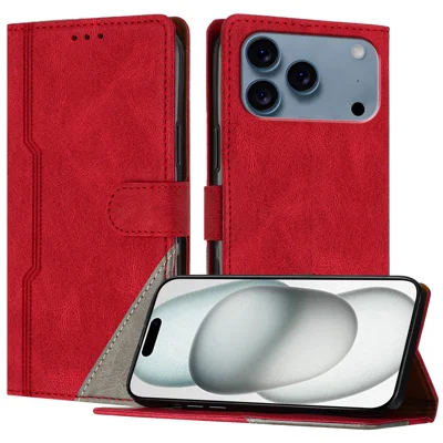 For iPhone 18 Pro / 17 Pro Leather Case Triangle Patchwork Wallet Stand Shockproof Phone Cover - Red