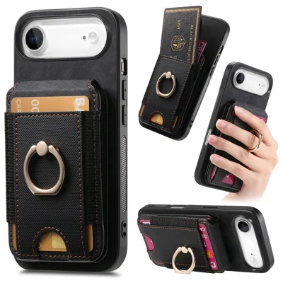For iPhone Air Case Compatible with MagSafe Leather Back Cover with Detachable Card Holder Kickstand - Black