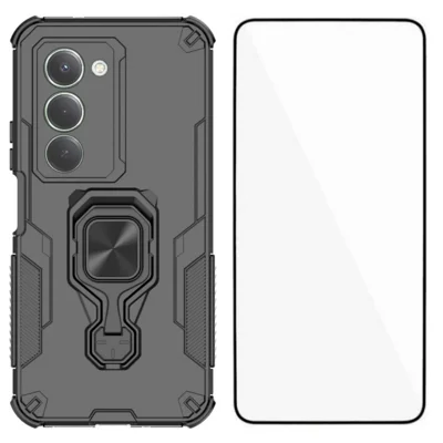 WANLONFENG For Xiaomi Redmi 15 4G (EU) (171mm) / Xiaomi Redmi 15 5G (EU) (171mm) Phone Case  PC TPU Back Cover Kickstand with Tempered Glass - Black