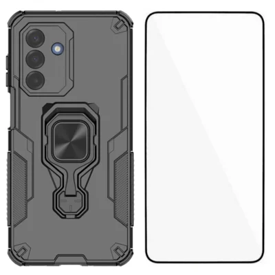 WANLONFENG For Samsung Galaxy A17 5G / A17 4G Phone Case  PC TPU Back Cover Kickstand with Tempered Glass - Black