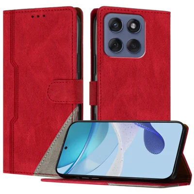 For Motorola Edge 60S Pro / Motorola Edge 60 Pro 5G Leather Case Triangle Patchwork Wallet Stand Shockproof Phone Cover - Red