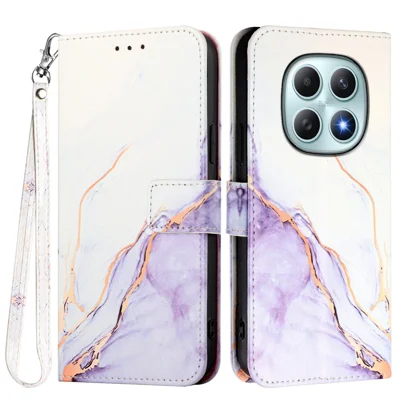 For Xiaomi Poco M8 5G / Redmi Note 15 5G (Global) / 15 4G (Global) Case with Strap Marble Pattern Leather Phone Cover Card Holder - White / Purple LS006
