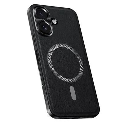 For iPhone 17 Case Compatible with MagSafe PU TPU PC Phone Back Cover with Metal Lens Frame - Black
