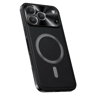 For iPhone 17 Pro Case Compatible with MagSafe PU TPU PC Phone Back Cover with Metal Lens Frame - Black