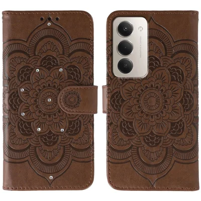 For Xiaomi Redmi 15 4G (EU) (171mm) Case Rhinestone Decor PU Leather Mandala Imprint Phone Cover with Wrist Strap - Brown