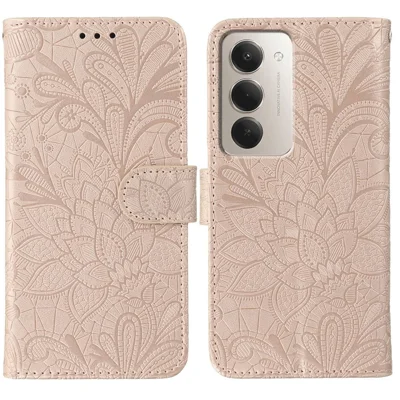 For Xiaomi Redmi 15 4G (EU) (171mm) Case Lace Flowers PU Leather Flip Wallet Phone Cover - Rose Gold
