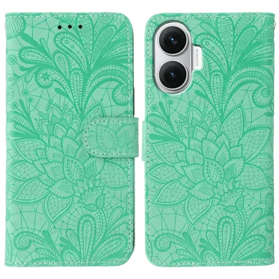 For Xiaomi Redmi Turbo 4 Pro 5G / Poco F7 5G Case Lace Flowers PU Leather Flip Wallet Phone Cover - Green