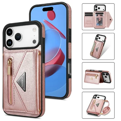 N.BEKUS For iPhone 18 Pro Max / 17 Pro Max Leather Zipper Case Card Holder Phone Cover with Shoulder Strap - Pink