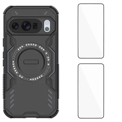 WANLONFENG For Google Pixel 10 Magnetic Case  DJ Series PC TPU Phone Cover with 2Pcs Tempered Glass Film - Black