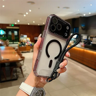 For iPhone 17 Pro Max Magnetisk Case Transparent Colorful Frame TPU + PC Telefon Bagdæksel med Linsesidefilm  /  Rem - Sort