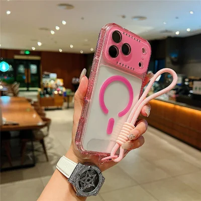 For iPhone 18 Pro Max / 17 Pro Max Magnetic Case Clear Colorful Frame TPU + PC Phone Back Cover with Lens Film  /  Strap - Pink
