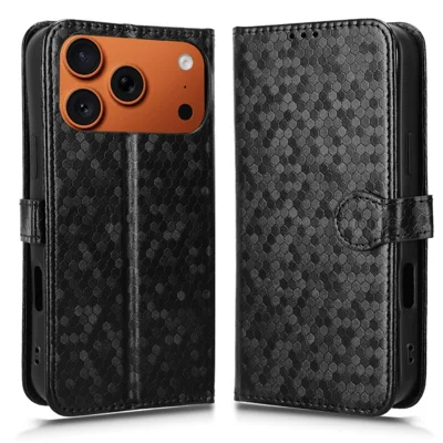 Plånboksfodral för iPhone 17 Pro Max med prickmönster, inpräntat läderartat plastskal med handledsband - Svart