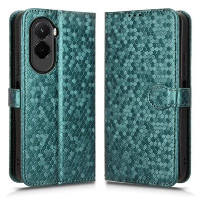 For Xiaomi Poco M7 4G (169mm) Wallet Case Dot Pattern Imprint PU Leather Phone Cover with Wrist Strap - Green