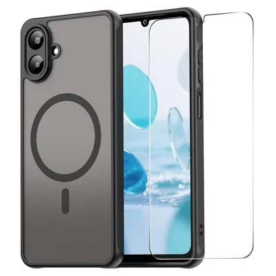 ENKAY HAT PRINCE For Samsung Galaxy A07 4G Magnetic Case with 9H Tempered Glass PC TPU Matte Phone Cover - Black