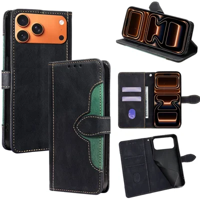For iPhone 18 Pro Max / 17 Pro Max Case Leather Wallet Phone Cover with Straw Hat Magnetic Clasp - Black